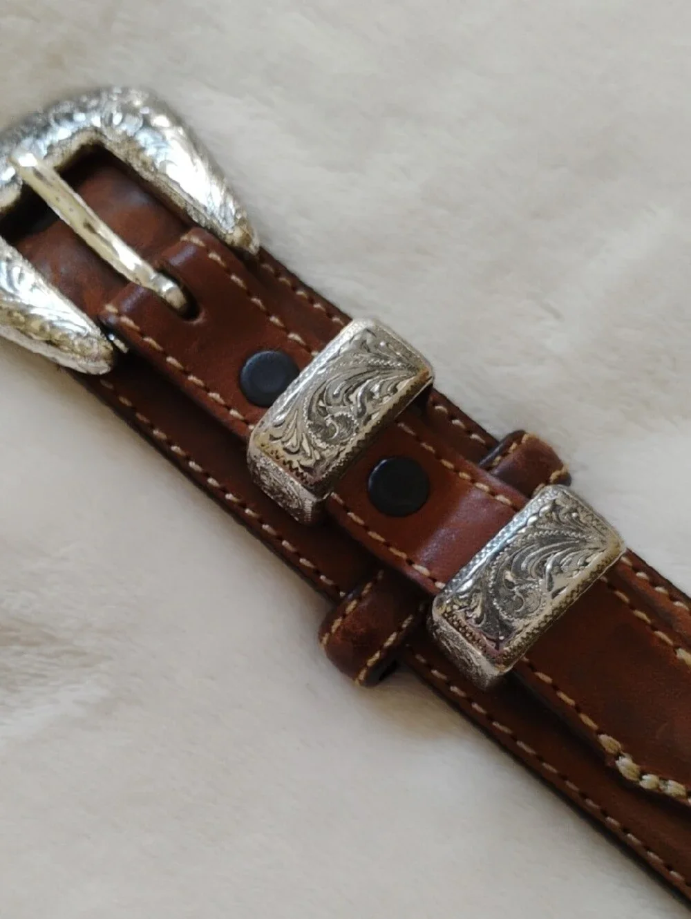 Women's Western  Leather Belt with Silver Look Conchos and Cream Braided Accents